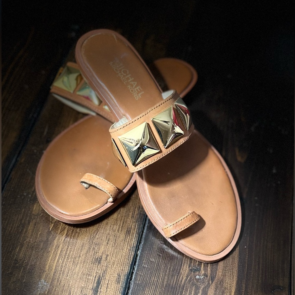 Michael Kors Tan Leather Slide with Gold Logo